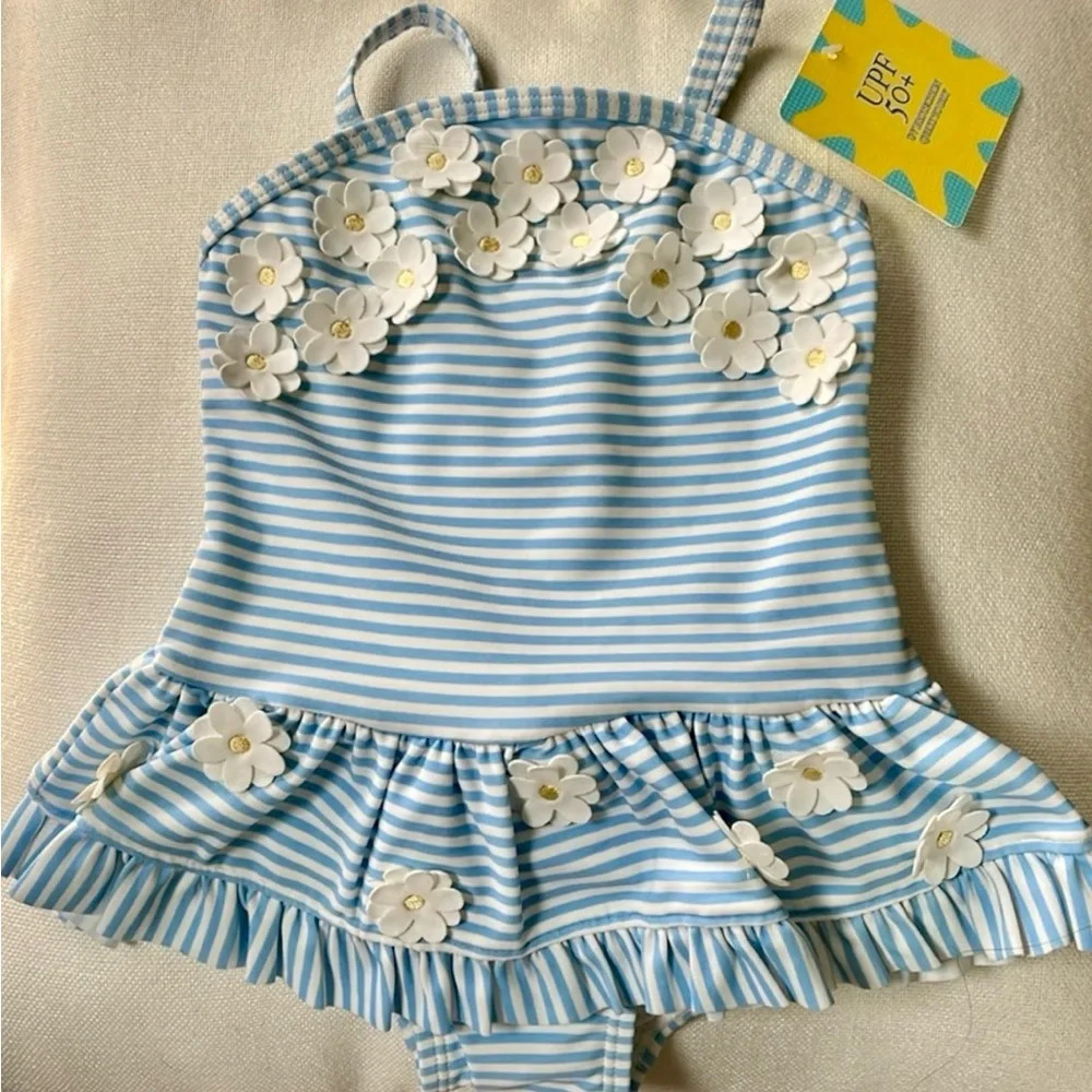 NWT swimsuit Little Me 12 month one piece blue/white stripe w sewn on daisies.